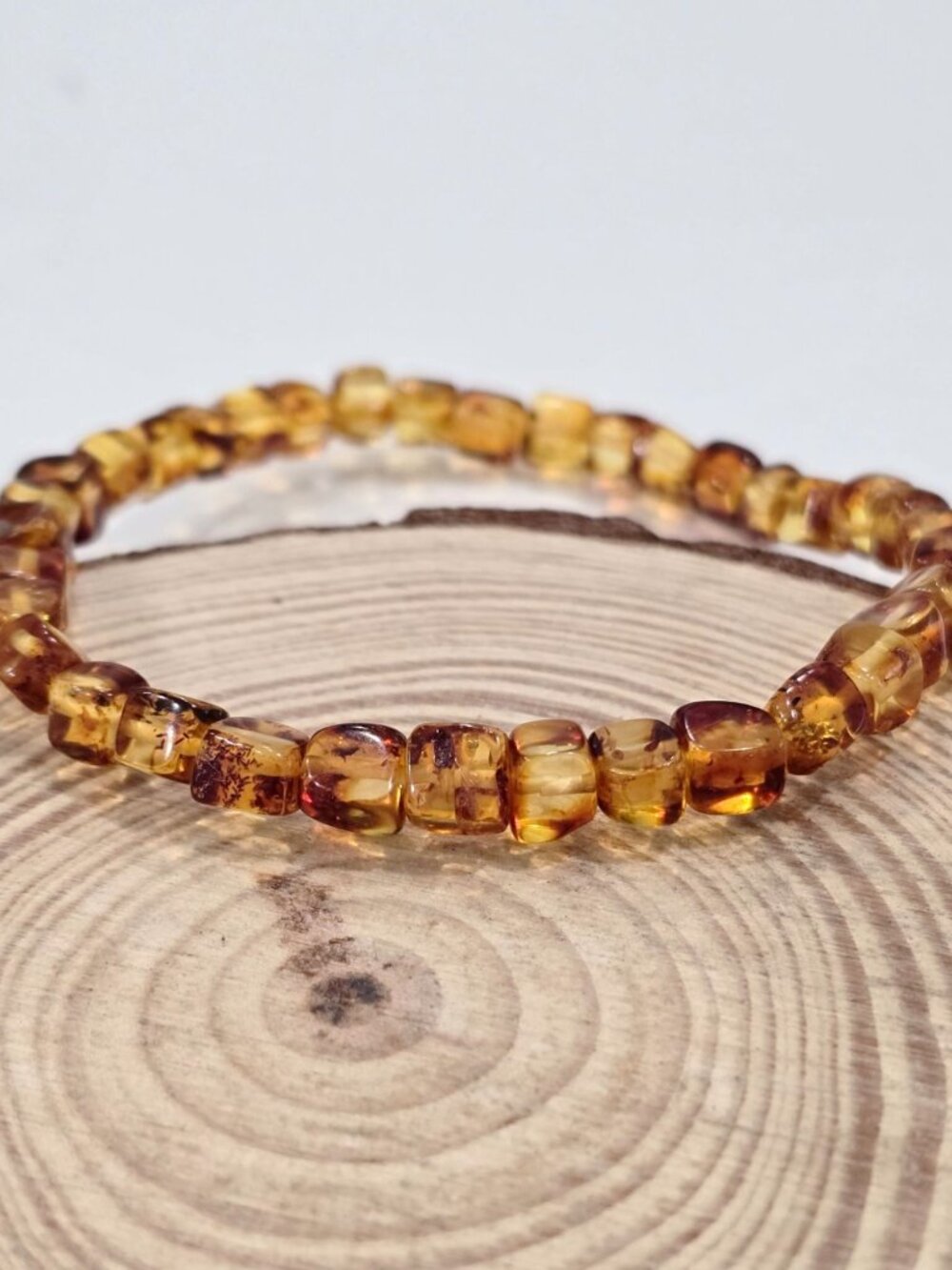 Handmade ✦ Amber Cube Bead Bracelet ✦ Honey Tone Natural Stone Stretch Design - Picture 3 of 7